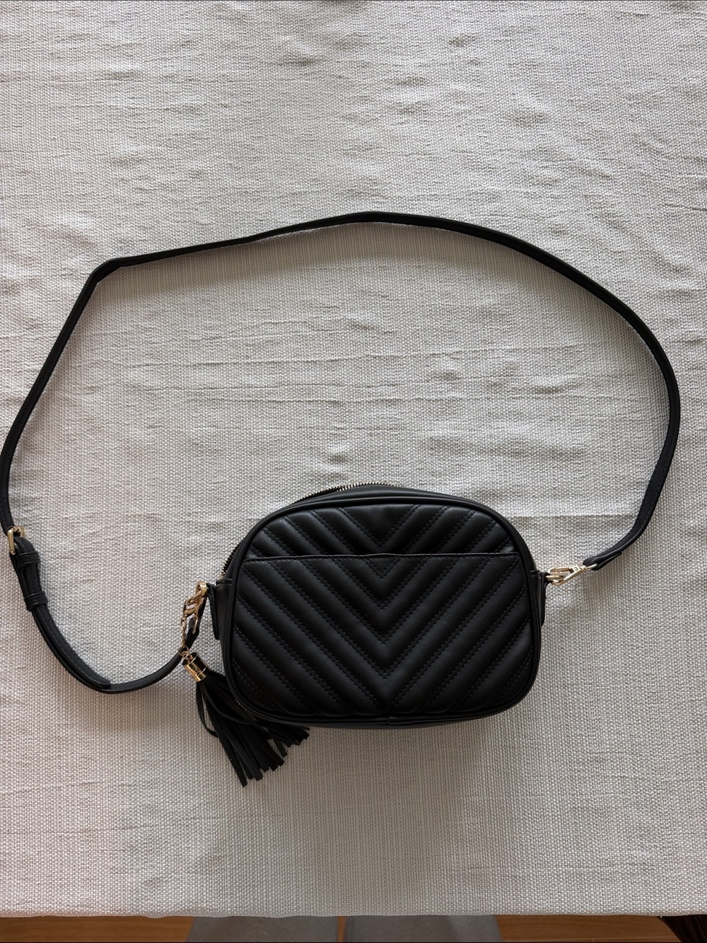 Quilted Black Crossbody Camera Bag with Tassel